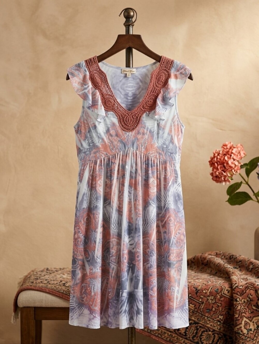 One World Boho Crochet V-Neck Blue Brown Printed Knee Length Dress - Size Large